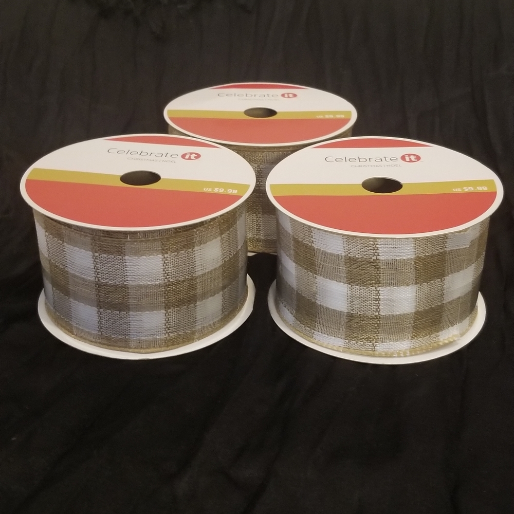3 rolls of checkered Christmas wired ribbons